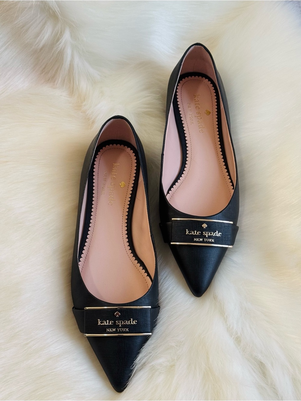 kate spade Black Pointed Toe Flats with Bow and Gold Logo Size 6.5